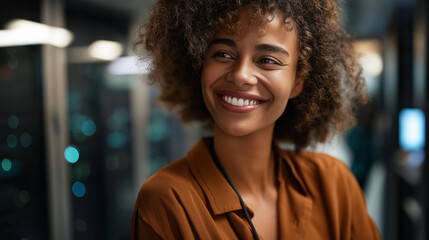 Faceless portrait of smiling female technician in server room, happy woman IT professional, positive data center worker, cheerful technology specialist, defocused face, with copy space
