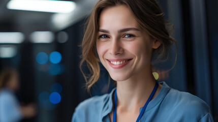 Faceless portrait of smiling female technician in server room, happy woman IT professional, positive data center worker, cheerful technology specialist, defocused face, with copy space