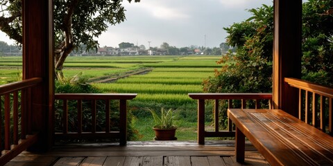 Fototapeta premium Traditional Wooden Terrace View of Green Paddy Fields in Rural Indonesia, Tropical Nature Vacation Concept