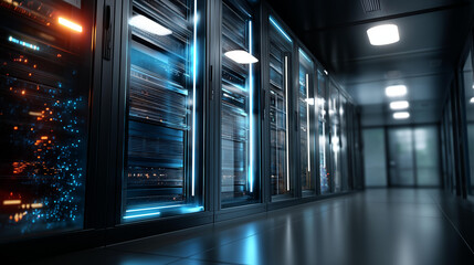 Data center corridor with illuminated server racks showcasing advanced technology and infrastructure, IT facility hallway, network equipment rows, technology passage visualization, with copy