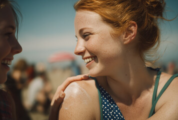 Friends enjoying a sunny day at the beach while smiling and talking to each other
