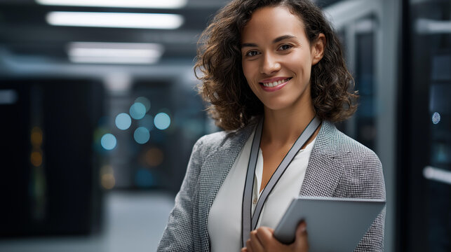Faceless female technician standing in server room, woman IT professional, data center worker, network facility employee, technology infrastructure specialist, defocused person, with copy space