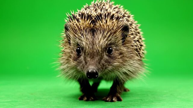 Adorable hedgehog walking on a vibrant green background capturing its endearing demeanor and
