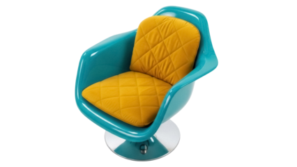 Modern turquoise swivel chair with yellow cushion isolated PNG, stylish furniture on transparent background for interior design and decoration
