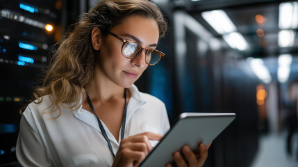 Faceless server room woman and digital tablet for inspection maintenance and system update, software management programmer and tech for problem solving cybersecurity or troubleshooting,