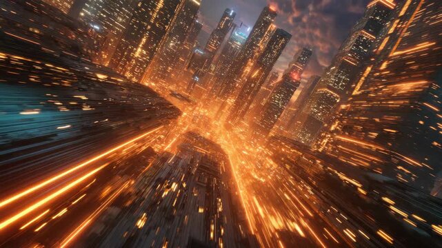 Neon-lit futuristic city skyline with glowing orange streaks, digital art style, night urban background, concept of fast-paced cyber metropolis