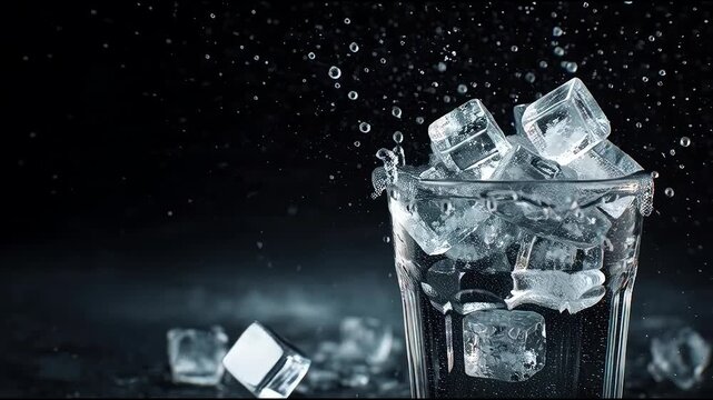 Refreshing Ice Cubes Splashing into Glass of Water with Dark Background.