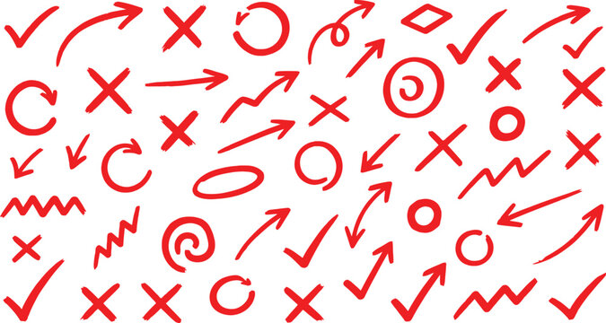 Seamless pattern of hand drawn red correction marks including checkmarks crosses arrows circles and squiggles for marking up documents or design feedback