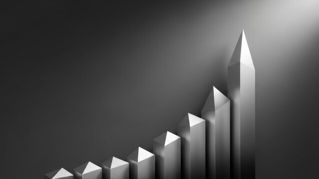 Abstract illustration of a rising bar graph representing growth and success in shades of gray and white - Powered by Adobe