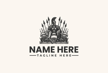 A logo design featuring a warrior with a helmet and arrows on a plain background, with space for a name and tagline in a vector illustration style.