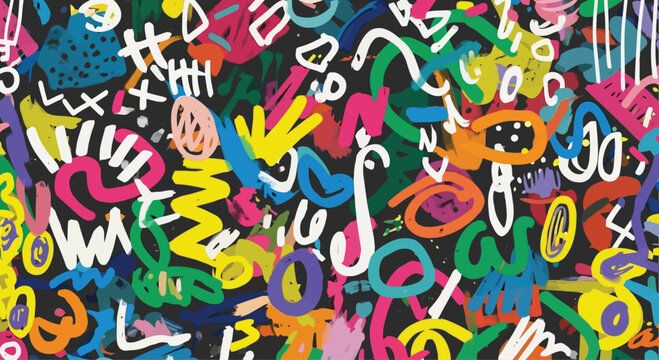 Vibrant abstract graffiti pattern featuring bold neon colors and energetic scribbles creating a dynamic and chaotic visual texture against a dark background