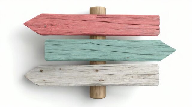 Three rustic wooden arrow signs in red, aqua, and white mounted on a vertical pole, isolated on plain white background, concept of guidance