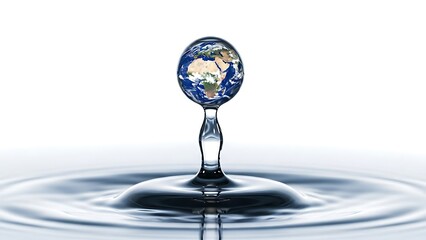 Water droplet forming a splash with a globe at its peak, capturing a moment of impact and serenity