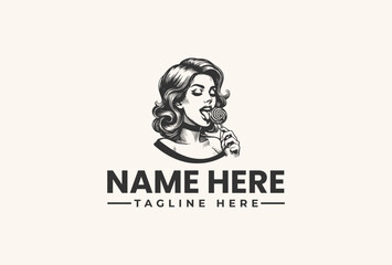 Black and white illustration of a woman's head with a placeholder name and tagline on a beige background, vector logo design concept.