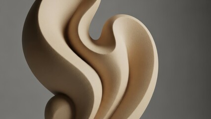 Abstract sculpture in neutral tones with curvilinear forms against grayscale background