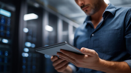 Faceless successful data center IT specialist using tablet computer, server farm cloud computing facility with system administrator working, data protection engineering network, defocused