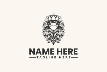 Black and white illustration of a floral logo with a diamond center, surrounded by leaves and flowers, with a placeholder text for name and tagline on a light beige background.