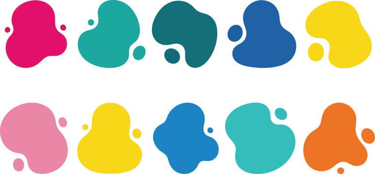 Collection of ten vibrant abstract liquid shapes and colorful blobs arranged in two rows on a clean white background perfect for modern design elements
