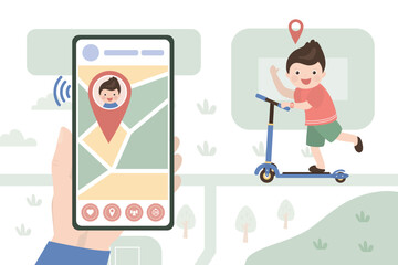 Kid ride kick scooter. Monitoring whereabouts of kid. Phone screen with geolocation tracking app. Parental control and protection.