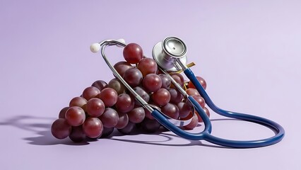 A stethoscope wrapped around a cluster of dark red grapes on a pastel purple background