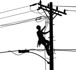 Electrician working on power pole, utility worker climbing electrical pole, high voltage maintenance, electrical repair, energy infrastructure, safety equipment, utility service