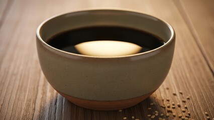 Ceramic bowl filled with dark liquid on wooden surface