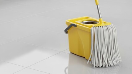 Cleaning tools yellow bucket and mop on a white surface