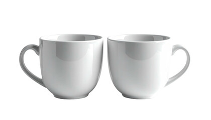 Two clean, white ceramic mugs are shown side by side against a stark black background in a studio lighting setup