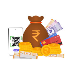 Vector illustration of Indian Rupee currency with a money sack, coins, paper notes, credit cards, and a mobile phone showing digital payment QR code