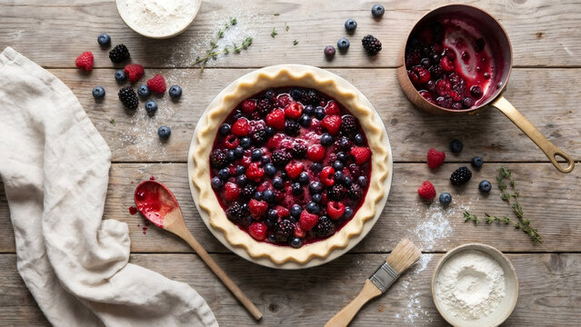 Homemade mixed berry pie on a rustic wooden table. Baking ingredients including flour and fresh fruit flat lay