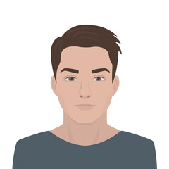 Young caucasian man avatar for social network. Front view of man portrait isolated on white background. Young adult, close up view, handsome male character.