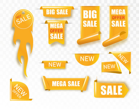Golden satin ribbon tag. Gold textile label for sale promotion text. Discount and special offer badge. Vector