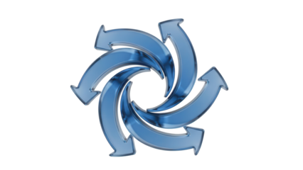 Spiral, twisting navigation pointers with a dynamic, helical motion and a smooth, transparent blue surface, a 3D glassmorphism arrow icon set isolated on white