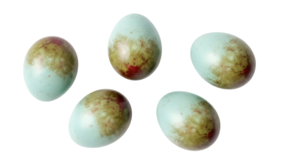 Five speckled bird eggs PNG isolated on transparent background, light blue eggs with brown spots for Easter and spring designs