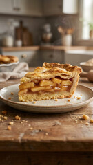 A warm slice of homemade apple pie on a rustic plate. Freshly baked traditional dessert with steam in a cozy kitchen. Comfort food for autumn