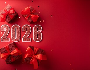 2026 numbers written with red glitters on red background with red gift boxes with red tied bows and copy space