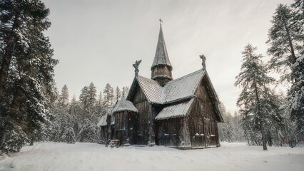 Snow-covered wooden church in a winter forest landscape.