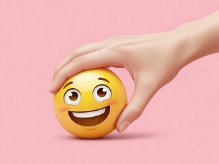 Hand holding a smiling emoji on a pastel pink background