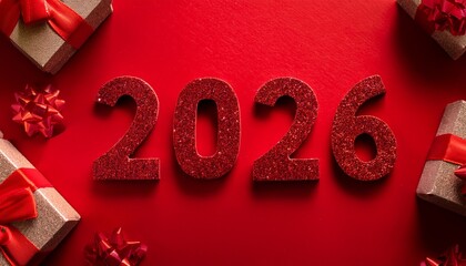 2026 numbers written with red glitters on red background with red gift boxes with red tied bows and copy space