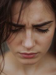 A young woman looks down with a deeply concentrated or stressed expression. Her brow is furrowed, suggesting intense thought or unhappiness.