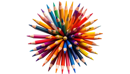 A vibrant collection of sharpened, multicolored pencils arranged in a radiating, circular pattern against a black backdrop
