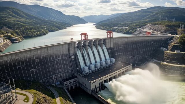 Aerial View of a Massive Hydroelectric Dam Generating Clean Renewable Energy