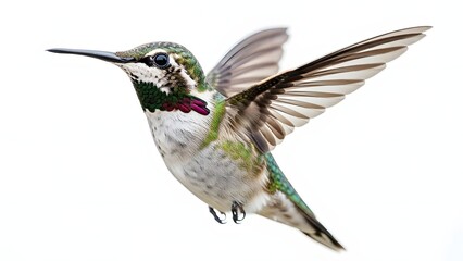 Naklejka premium A hummingbird in mid flight with its wings spread wide and feathers on display