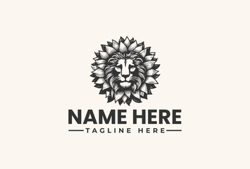 Fototapeta premium Black and white illustration of a lion's head logo with a sunburst design on a beige background, accompanied by placeholder text for a name and tagline in a modern vector graphic.