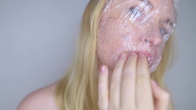 Microplastics in cosmetics. A woman applied a care cream to her skin, now it is covered with plastic particles and microbeads. Cosmetics toxicity concept