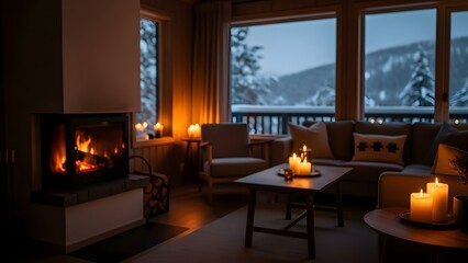 Fototapeta premium Cozy winter scene with a warm fireplace and scenic mountain view through large windows
