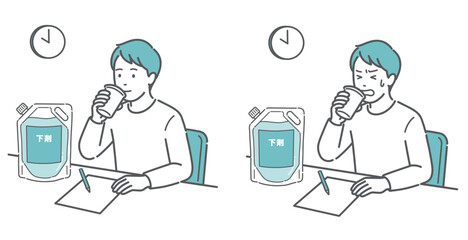 大腸カメラの下剤服用比較イラスト（余裕な男性と苦戦する男性）