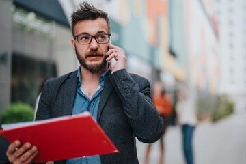 A bearded man in a smart blazer stands on a city sidewalk, speaking on a mobile while clutching a bright red folder. Colorful buildings and blurred pedestrians create a busy urban scene. © qunica.com