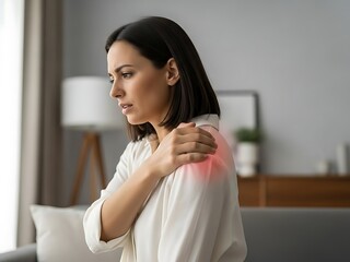 Woman experiencing shoulder pain, with highlighted painful area