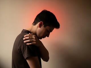 Young man experiencing shoulder pain, grimacing in discomfort